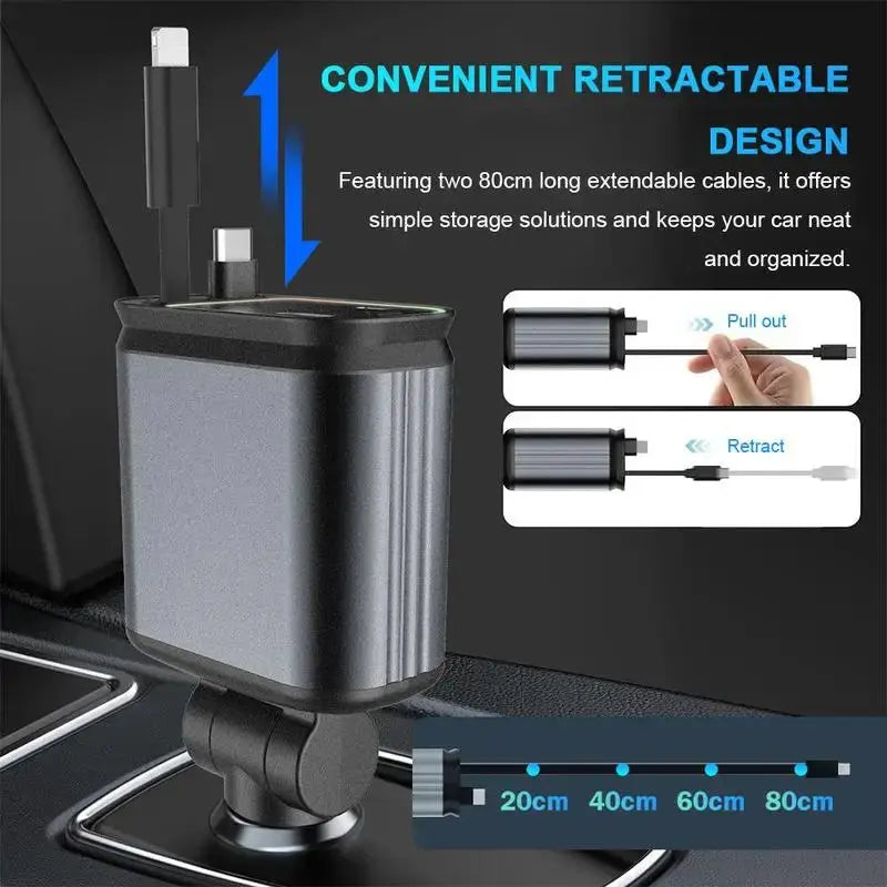4 in 1 Car Charger with Starry Sky SpotlightRetractable Car Charger with Charging Cable & 2Charging Ports, Universal Car Charger upscaleclicks