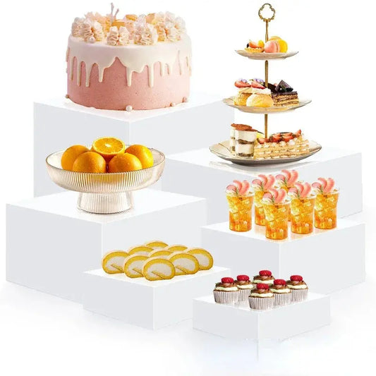 6Pcs Acrylic Buffet Riser Cake Dessert Display Stands Stackable Desktop Food Stand Party Buffet Decorating Box Transparent White upscaleclicks