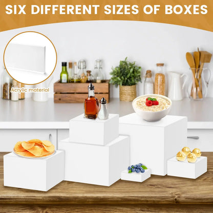 6Pcs Acrylic Buffet Riser Cake Dessert Display Stands Stackable Desktop Food Stand Party Buffet Decorating Box Transparent White upscaleclicks