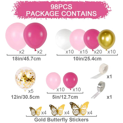 98pcs Pink Balloon Kit with 12 3D Butterflies | Baby Shower, Birthday & Wedding Decor - Metallic Accents for Gender Reveal upscaleclicks