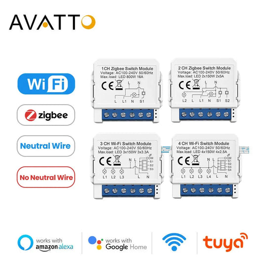 AVATTO Tuya WiFi Zigbee Smart Light Switch Module,No Neutral Wire 2 Ways Control Mini DIY Breaker Work for Alexa, google home upscaleclicks