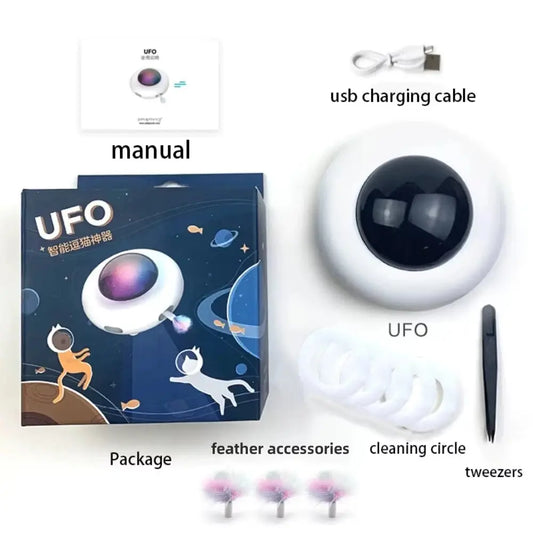 Cat Toy Smart Teaser UFO Pet Turntable Catching Training Toy USB Charging Cat Teaser Replaceable Feather Interactive Supplies