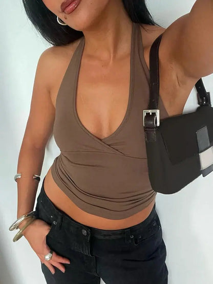 Cross Tie Halter V Neck Crop Top Women Solid Basic Casual Slim Backless Sexy Tank Vest upscaleclicks