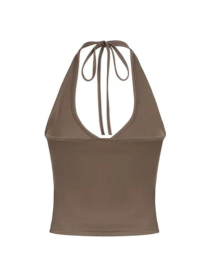 Cross Tie Halter V Neck Crop Top Women Solid Basic Casual Slim Backless Sexy Tank Vest upscaleclicks