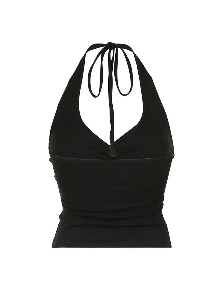 Cross Tie Halter V Neck Crop Top Women Solid Basic Casual Slim Backless Sexy Tank Vest upscaleclicks