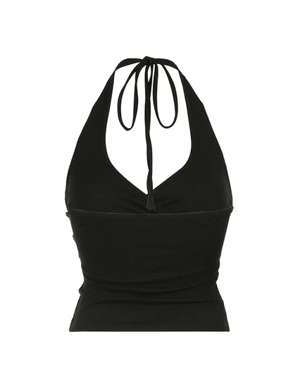 Cross Tie Halter V Neck Crop Top Women Solid Basic Casual Slim Backless Sexy Tank Vest upscaleclicks