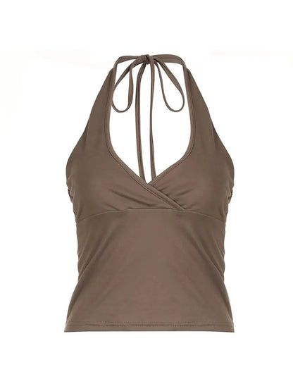 Cross Tie Halter V Neck Crop Top Women Solid Basic Casual Slim Backless Sexy Tank Vest upscaleclicks