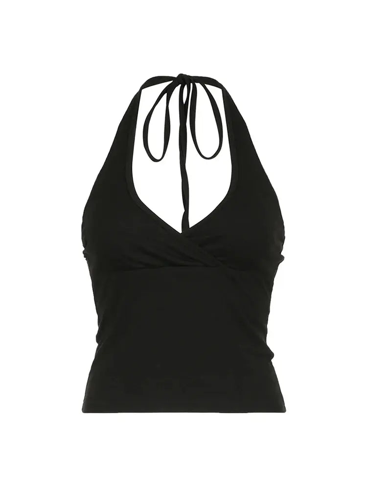 Cross Tie Halter V Neck Crop Top Women Solid Basic Casual Slim Backless Sexy Tank Vest upscaleclicks
