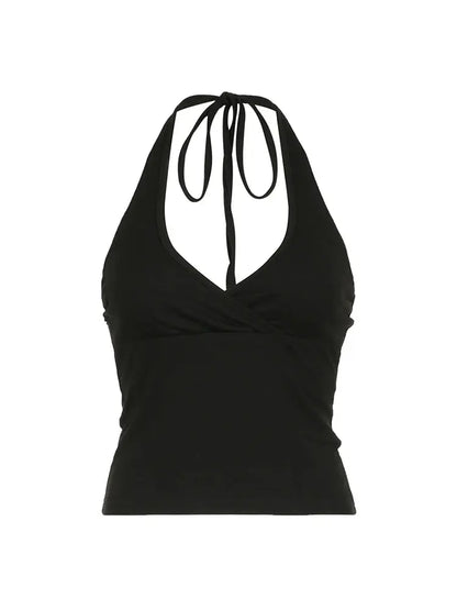 Cross Tie Halter V Neck Crop Top Women Solid Basic Casual Slim Backless Sexy Tank Vest upscaleclicks