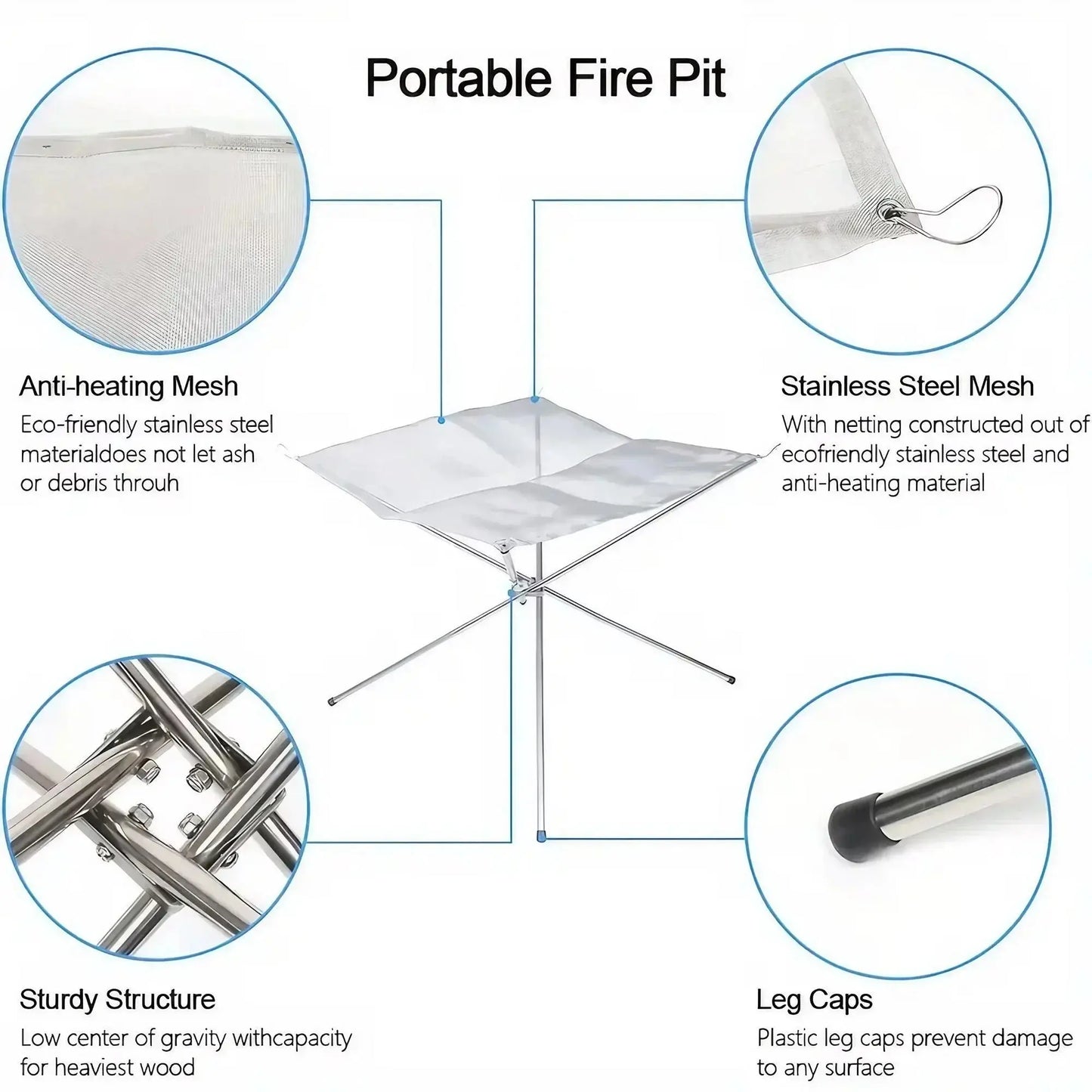 Folding Portable Steel Mesh Camping Fire Pit, Outdoor Wood Burning Bonfires Rack, Stainless Steel Fire Pit, with Carrying Bag upscaleclicks