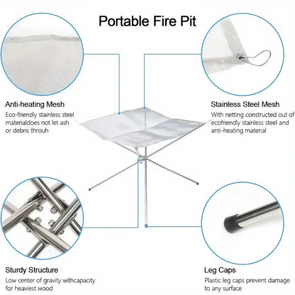 Folding Portable Steel Mesh Camping Fire Pit, Outdoor Wood Burning Bonfires Rack, Stainless Steel Fire Pit, with Carrying Bag upscaleclicks