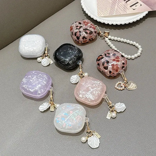 For Samsung Galaxy Buds FE Case,Glitter Pink Shell TPU Earphone Cover For Galaxy Buds 2/2 Pro/Live/Pro With Pearl Keychain upscaleclicks