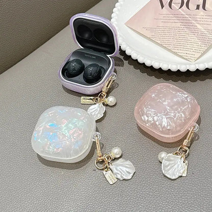 For Samsung Galaxy Buds FE Case,Glitter Pink Shell TPU Earphone Cover For Galaxy Buds 2/2 Pro/Live/Pro With Pearl Keychain upscaleclicks