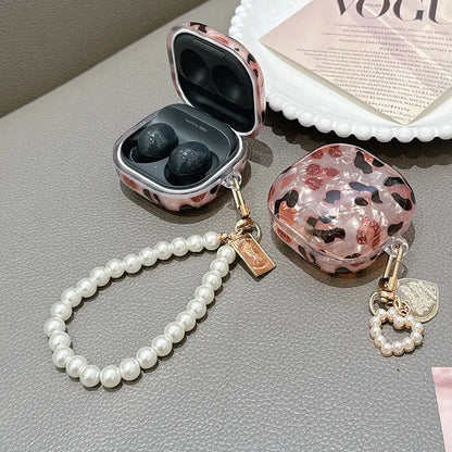 For Samsung Galaxy Buds FE Case,Glitter Pink Shell TPU Earphone Cover For Galaxy Buds 2/2 Pro/Live/Pro With Pearl Keychain upscaleclicks