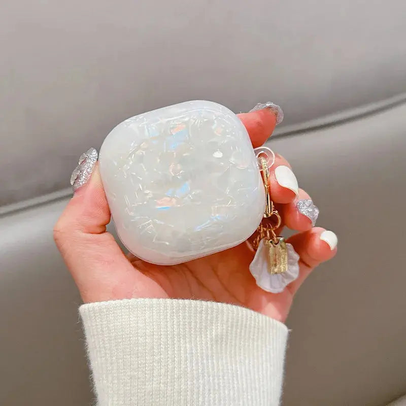 For Samsung Galaxy Buds FE Case,Glitter Pink Shell TPU Earphone Cover For Galaxy Buds 2/2 Pro/Live/Pro With Pearl Keychain upscaleclicks
