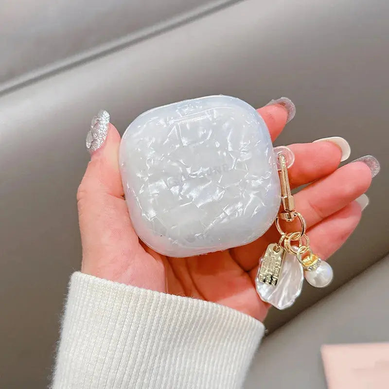 For Samsung Galaxy Buds FE Case,Glitter Pink Shell TPU Earphone Cover For Galaxy Buds 2/2 Pro/Live/Pro With Pearl Keychain upscaleclicks