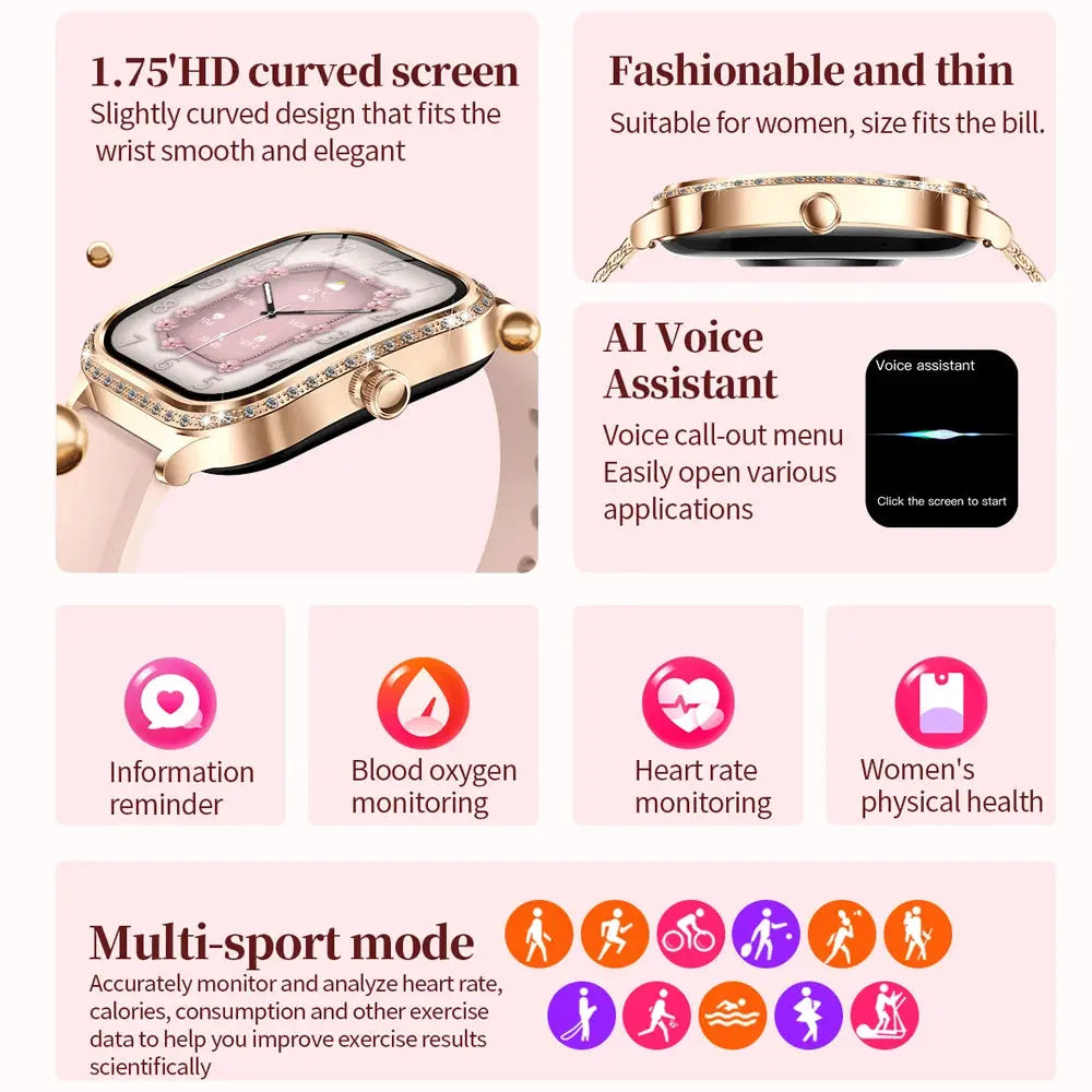 For Xiaomi Huawei New Women Smart Watch Heart Rate Blood Pressure Monitor Music Playback AI Voice Sports BT Calling SmartWatch upscaleclicks