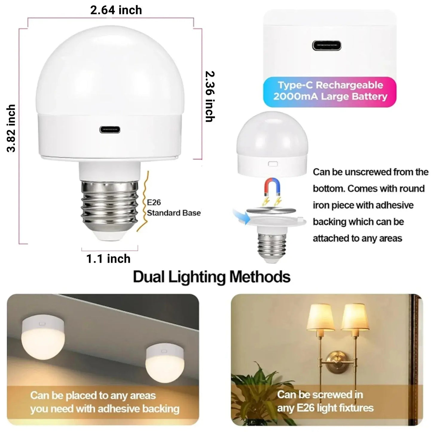 HPH Rechargeable Light Bulbs Remote Control Battery Operated Light Bulb with Timer, Dimmable, 3 Color Temperatures upscaleclicks