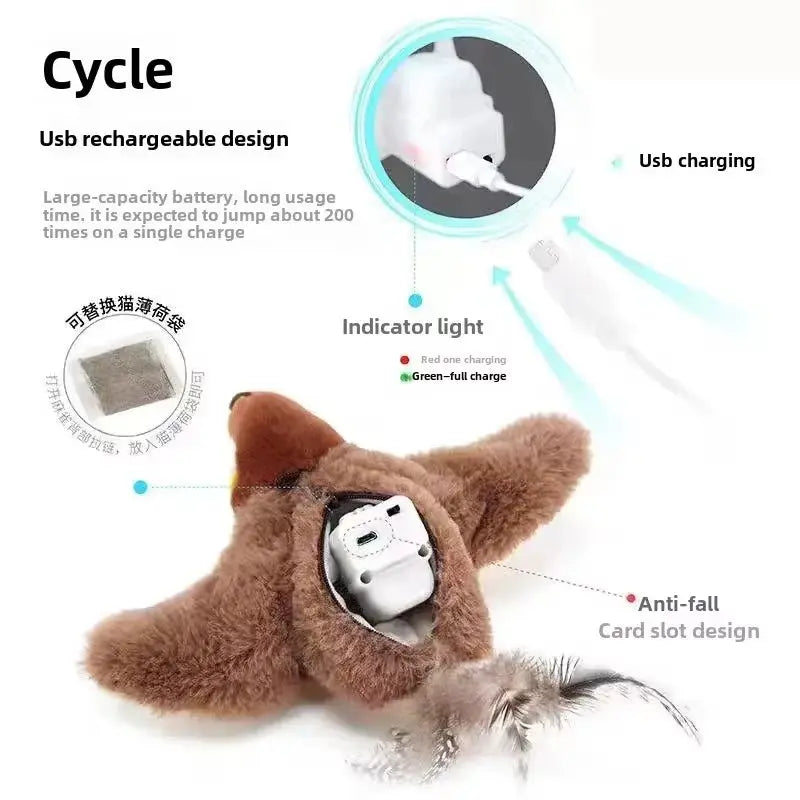Interactive Cat Toys Rechargeable Flying Bird Cat Toy Chirping Flapping Bird(No Flying) Can Add Catnip Touch Activated Plush Toy