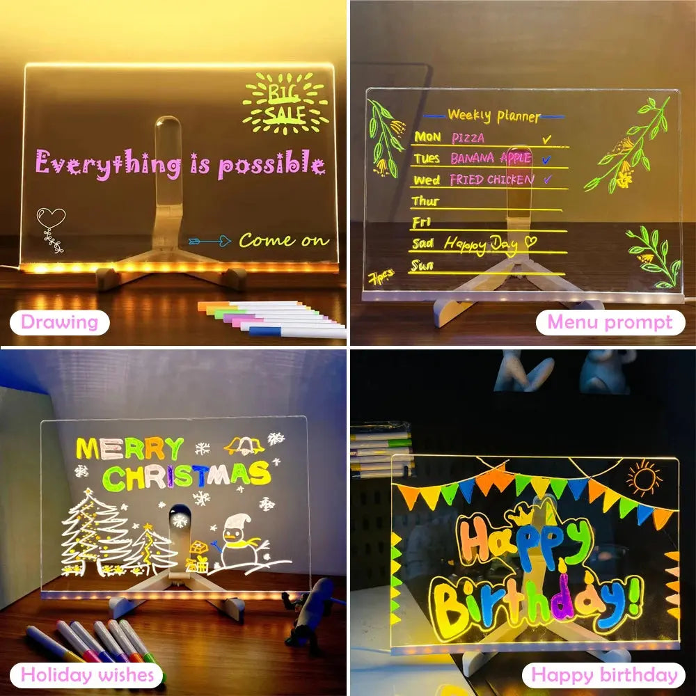 LED Note Board With Night Light Colorful 7 Pens DIY Acrylic Message Board Children‘s Drawing Board For Kids Birthday Gift upscaleclicks