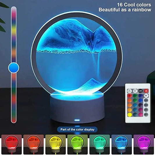 LED RGB Sandscape Lamp 3D Moving Sand Art Frame Night Light with 16 Colors Hourglass Light 3D Deep Sea Display with Remote upscaleclicks