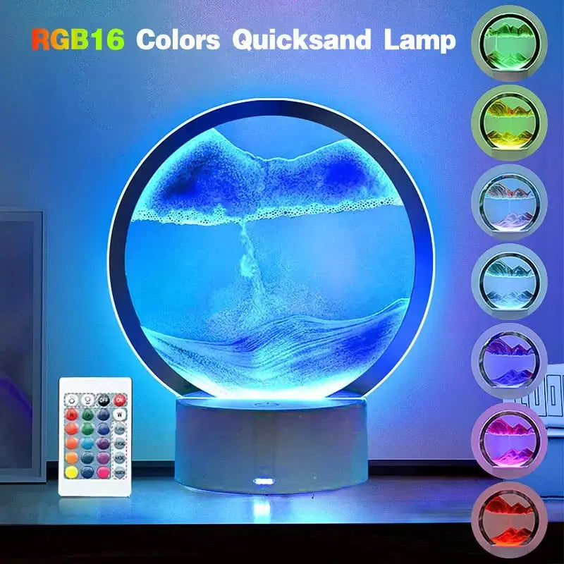 LED RGB Sandscape Lamp 3D Moving Sand Art Frame Night Light with 16 Colors Hourglass Light 3D Deep Sea Display with Remote upscaleclicks