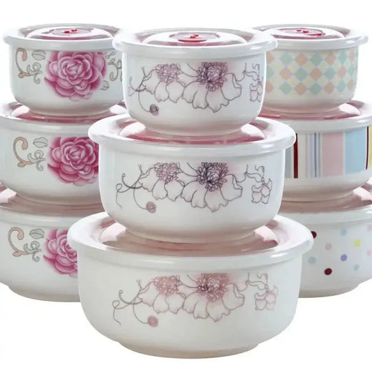 Microwave heating bowl set Ceramic bowl with lid large fresh-keeping bowl Household sealed box Three-piece set with rice upscaleclicks