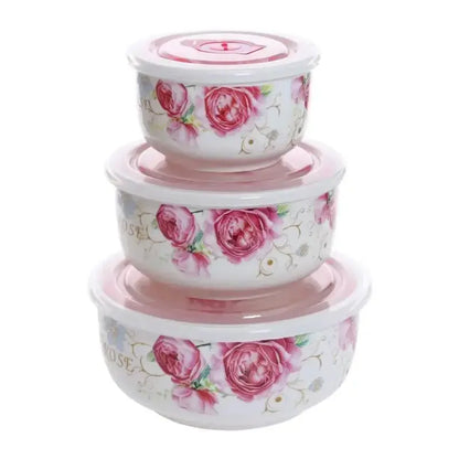 Microwave heating bowl set Ceramic bowl with lid large fresh-keeping bowl Household sealed box Three-piece set with rice upscaleclicks