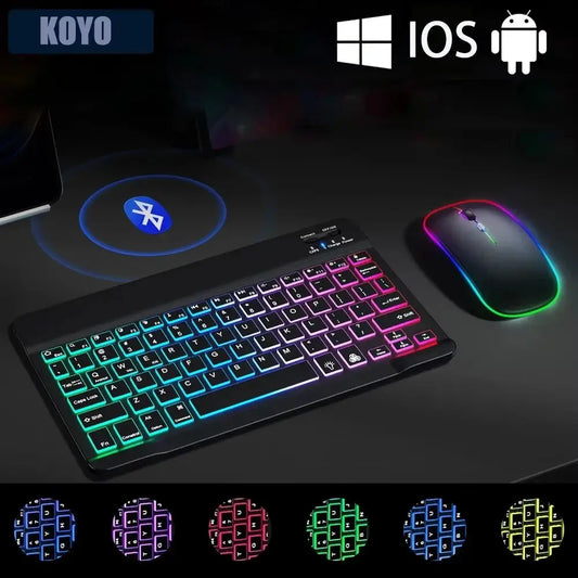 Mini Backlit RGB 10inch Bluetooth Keyboard Wireless mouse Rechargeable for Spanish Russian Hebrew Korean French Arabic Portugal upscaleclicks