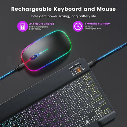 Mini Backlit RGB 10inch Bluetooth Keyboard Wireless mouse Rechargeable for Spanish Russian Hebrew Korean French Arabic Portugal upscaleclicks