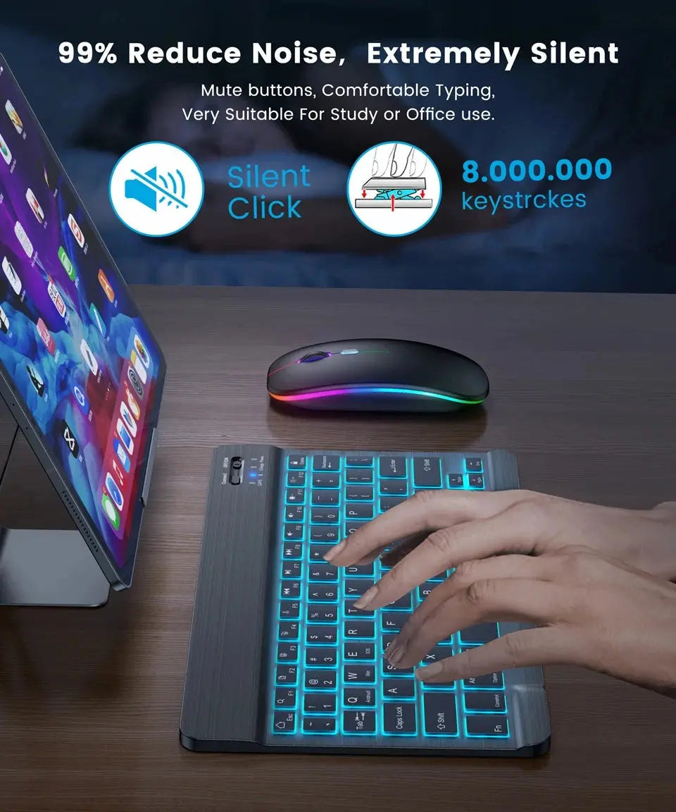 Mini Backlit RGB 10inch Bluetooth Keyboard Wireless mouse Rechargeable for Spanish Russian Hebrew Korean French Arabic Portugal upscaleclicks