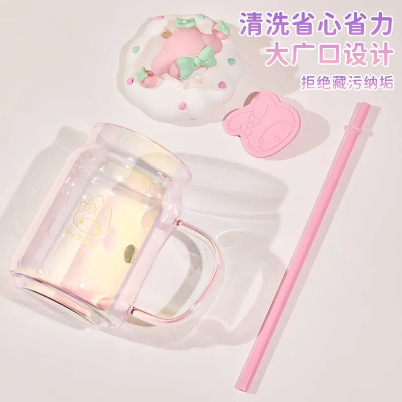 sanrio children's cute glass kuromi cartoon large capacity household milk coffee cup creativity office straw cup holiday gift