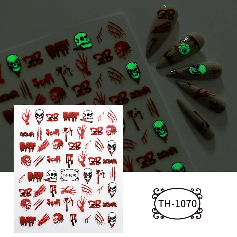 2pcs Halloween Luminous night Dark Style Ghost Skull Cat blood palm 3D Self Adhesive Nail Art Sticker DIY Manicure