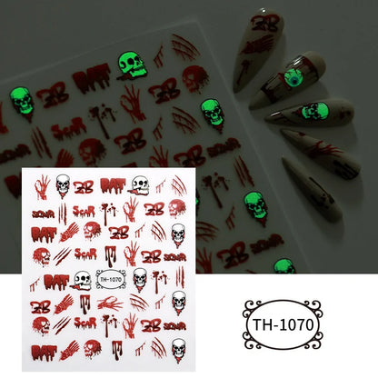 2pcs Halloween Luminous night Dark Style Ghost Skull Cat blood palm 3D Self Adhesive Nail Art Sticker DIY Manicure