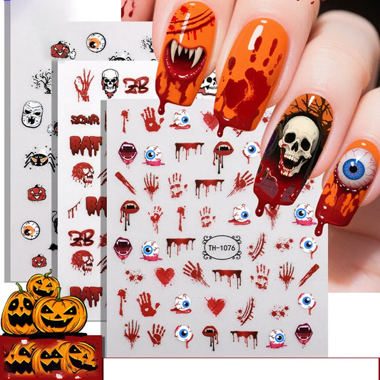 2pcs Halloween Luminous night Dark Style Ghost Skull Cat blood palm 3D Self Adhesive Nail Art Sticker DIY Manicure