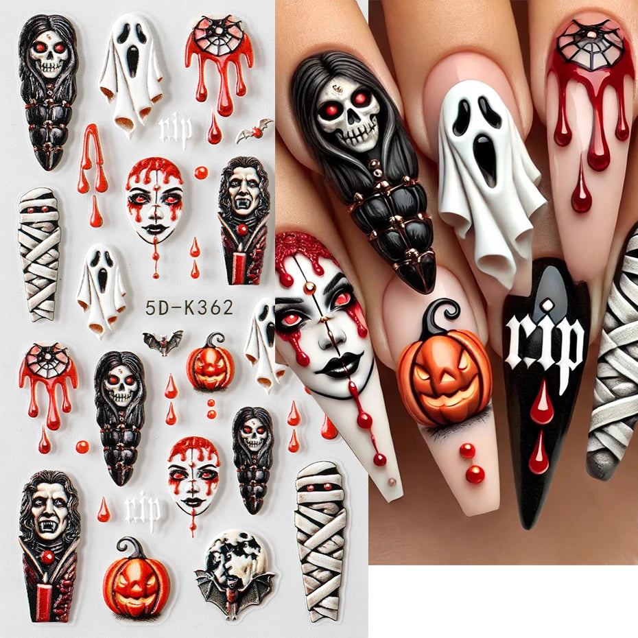 2pcs Halloween Ghost Mummy Blood Nail Stickers Pumpkin Spider Web Lips Bee Design 3D Slider Nail Art Decoration Decals Manicure