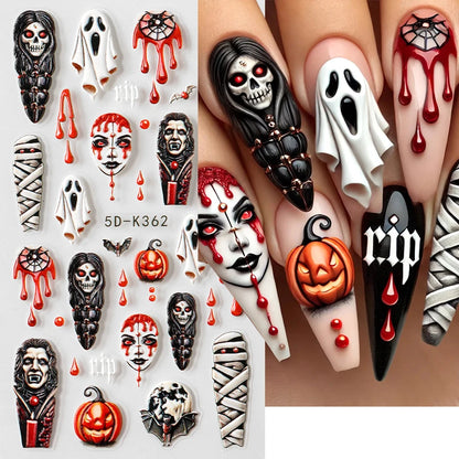 2pcs Halloween Ghost Mummy Blood Nail Stickers Pumpkin Spider Web Lips Bee Design 3D Slider Nail Art Decoration Decals Manicure