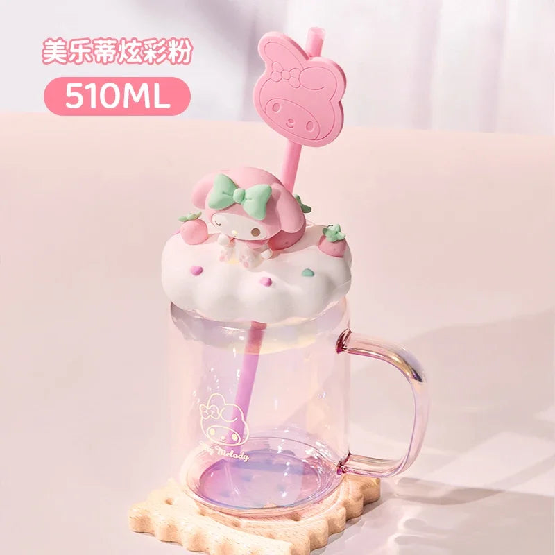 sanrio children's cute glass kuromi cartoon large capacity household milk coffee cup creativity office straw cup holiday gift