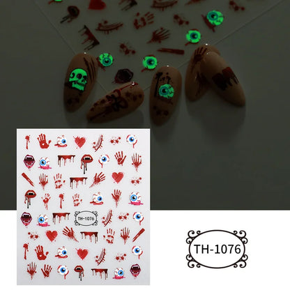 2pcs Halloween Luminous night Dark Style Ghost Skull Cat blood palm 3D Self Adhesive Nail Art Sticker DIY Manicure