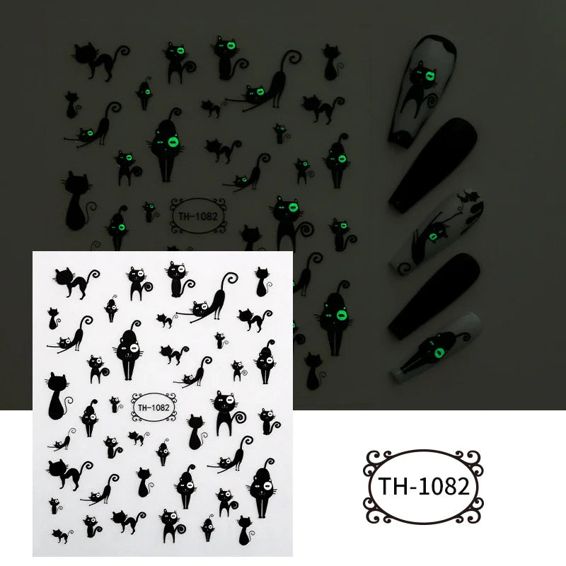2pcs Halloween Luminous night Dark Style Ghost Skull Cat blood palm 3D Self Adhesive Nail Art Sticker DIY Manicure
