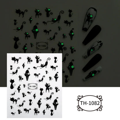2pcs Halloween Luminous night Dark Style Ghost Skull Cat blood palm 3D Self Adhesive Nail Art Sticker DIY Manicure
