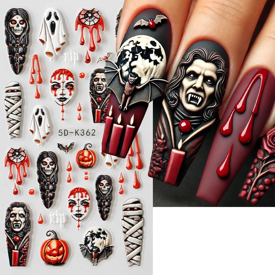 2pcs Halloween Ghost Mummy Blood Nail Stickers Pumpkin Spider Web Lips Bee Design 3D Slider Nail Art Decoration Decals Manicure