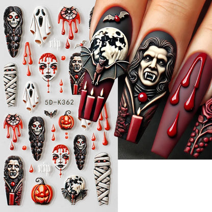 2pcs Halloween Ghost Mummy Blood Nail Stickers Pumpkin Spider Web Lips Bee Design 3D Slider Nail Art Decoration Decals Manicure