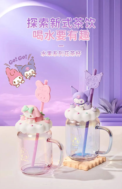 sanrio children's cute glass kuromi cartoon large capacity household milk coffee cup creativity office straw cup holiday gift