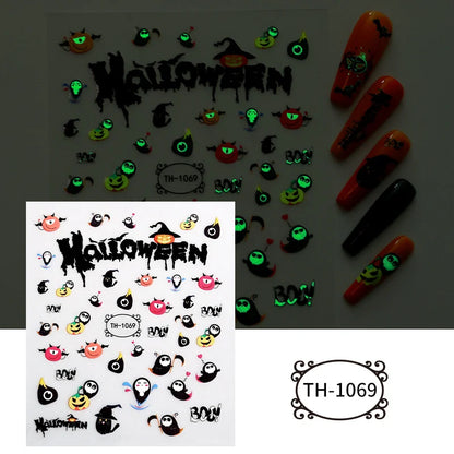 2pcs Halloween Luminous night Dark Style Ghost Skull Cat blood palm 3D Self Adhesive Nail Art Sticker DIY Manicure