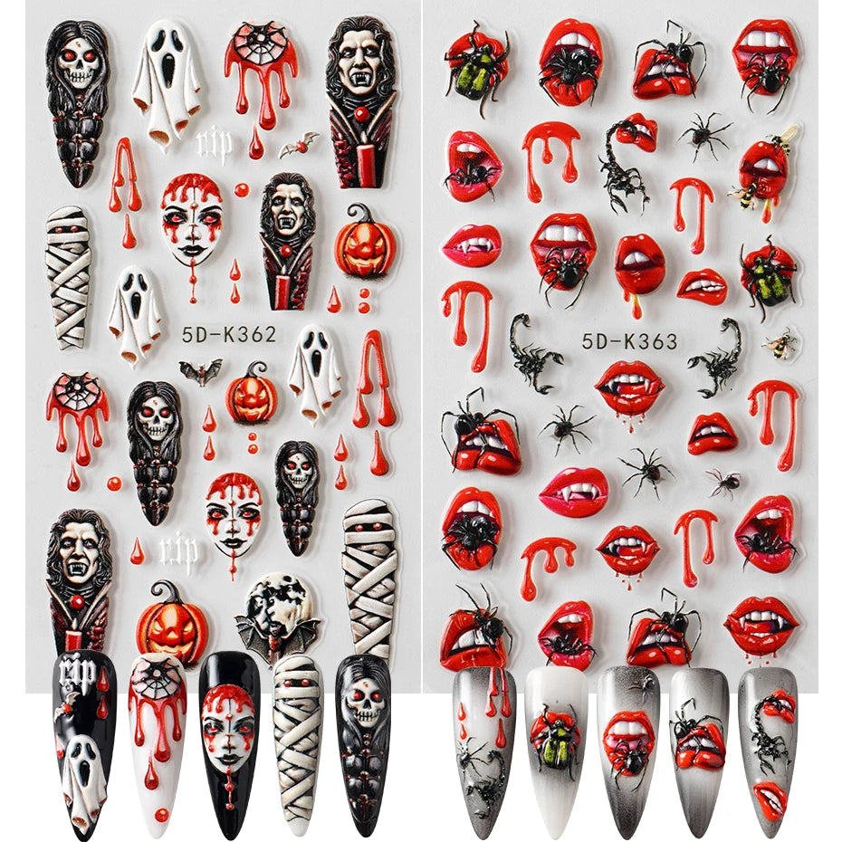 2pcs Halloween Ghost Mummy Blood Nail Stickers Pumpkin Spider Web Lips Bee Design 3D Slider Nail Art Decoration Decals Manicure