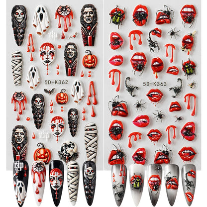 2pcs Halloween Ghost Mummy Blood Nail Stickers Pumpkin Spider Web Lips Bee Design 3D Slider Nail Art Decoration Decals Manicure