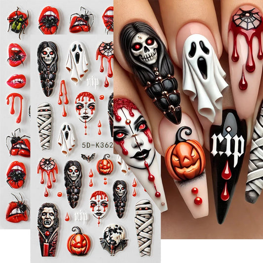 2pcs Halloween Ghost Mummy Blood Nail Stickers Pumpkin Spider Web Lips Bee Design 3D Slider Nail Art Decoration Decals Manicure