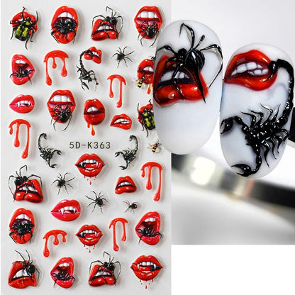 2pcs Halloween Ghost Mummy Blood Nail Stickers Pumpkin Spider Web Lips Bee Design 3D Slider Nail Art Decoration Decals Manicure