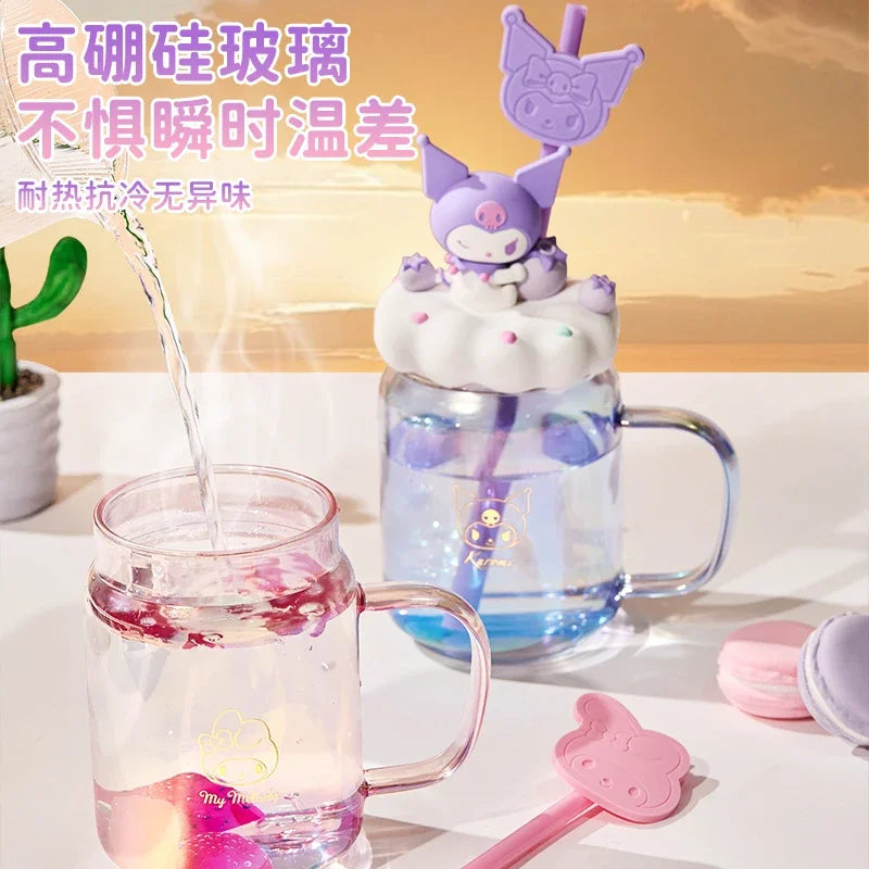 sanrio children's cute glass kuromi cartoon large capacity household milk coffee cup creativity office straw cup holiday gift